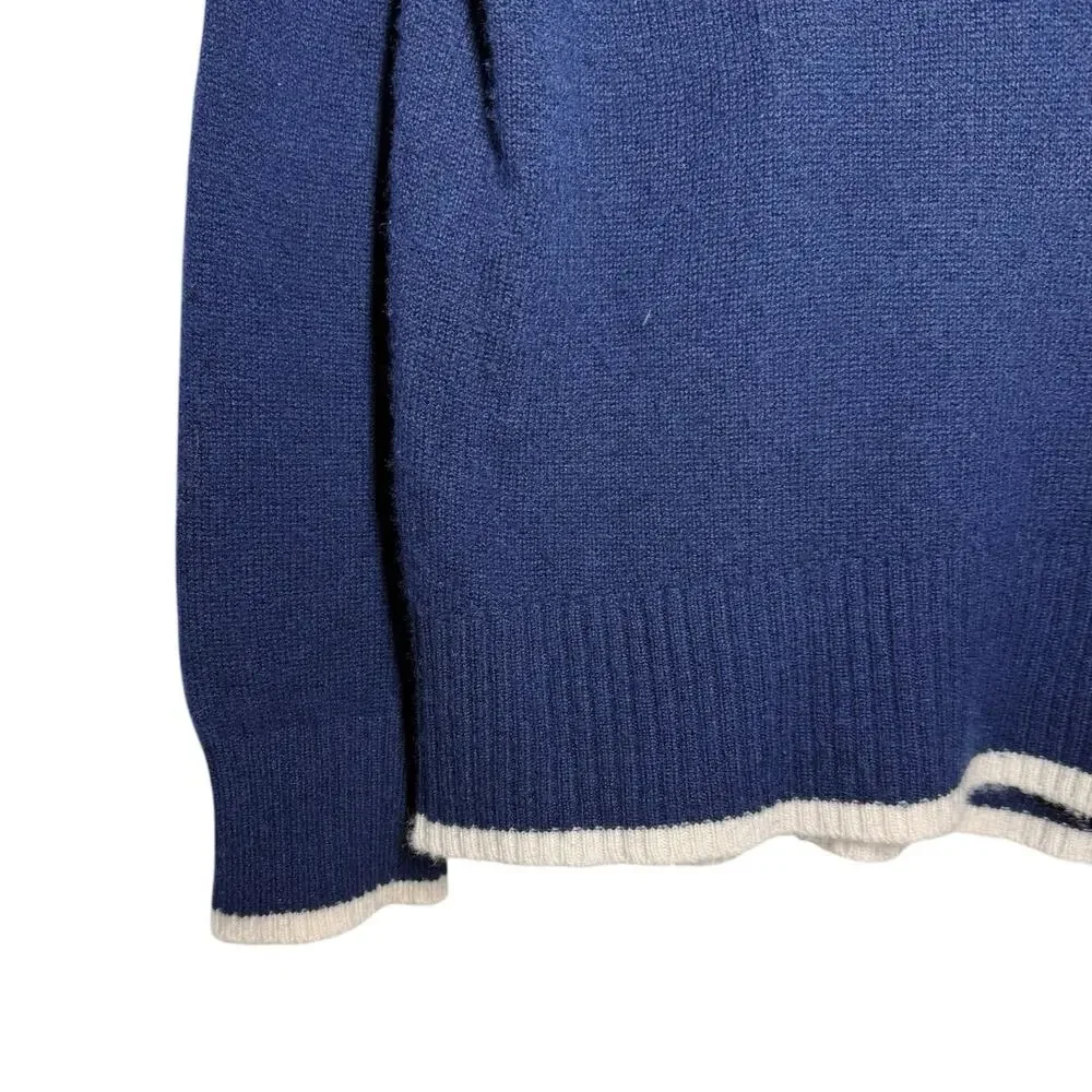 Veronica Beard Navy Blue Cream Trim Cashmere Preppy Cozy V Neck Sweater XS